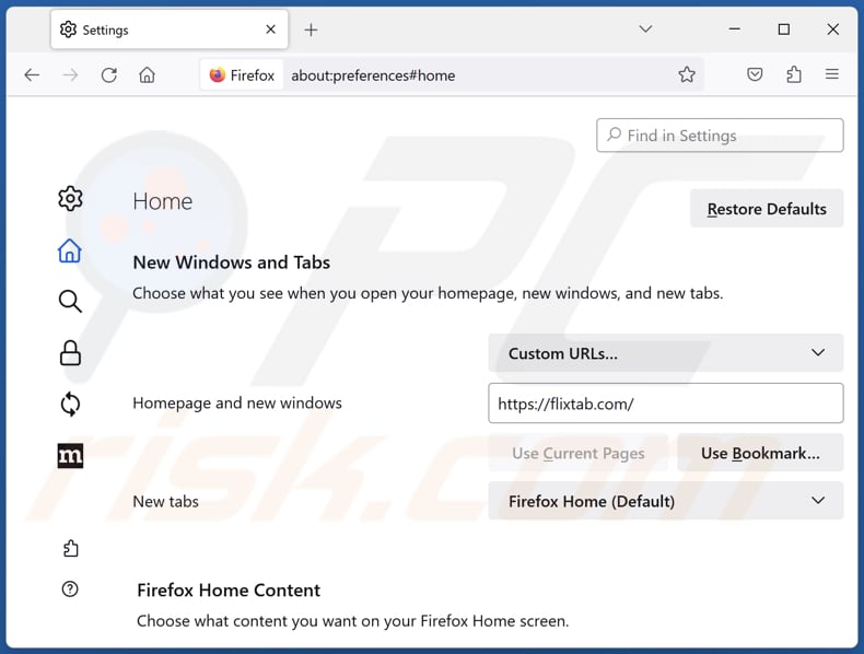 Eliminar flixtab.com de la página de inicio de Mozilla Firefox