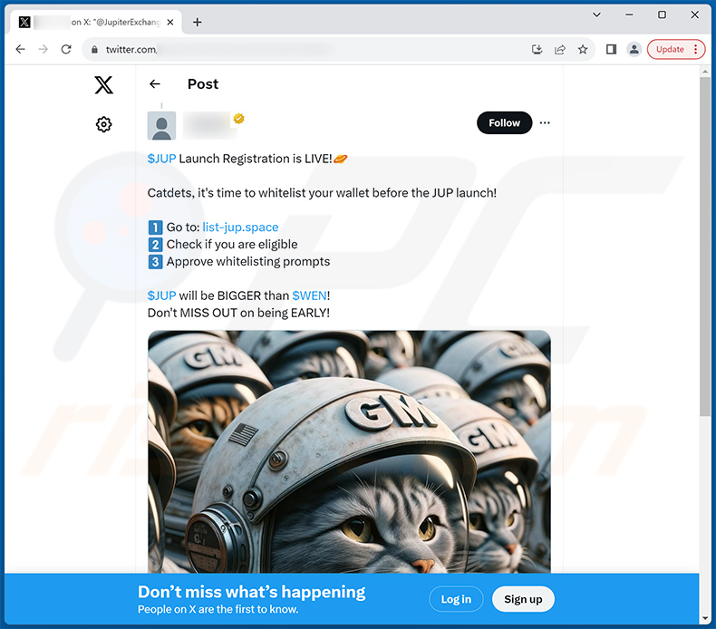  Publicación de X (Twitter) promocionando el sitio web fraudulento Jupiter Airdrop - listed-jup[.]space
