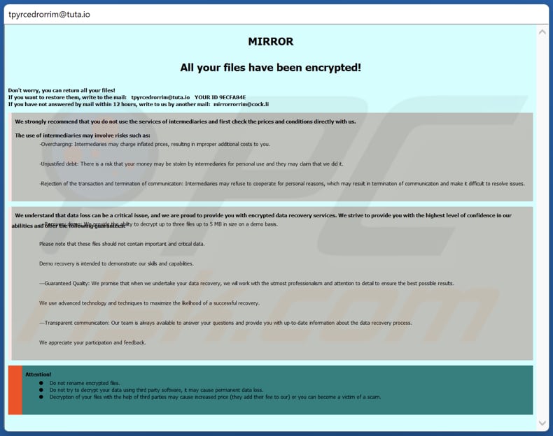Nota de rescate del ransomware MIRROR (ventana emergente)