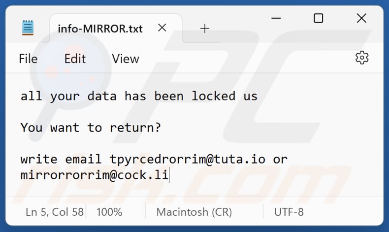 Archivo de texto del ransomware MIRROR (info-MIRROR.txt)
