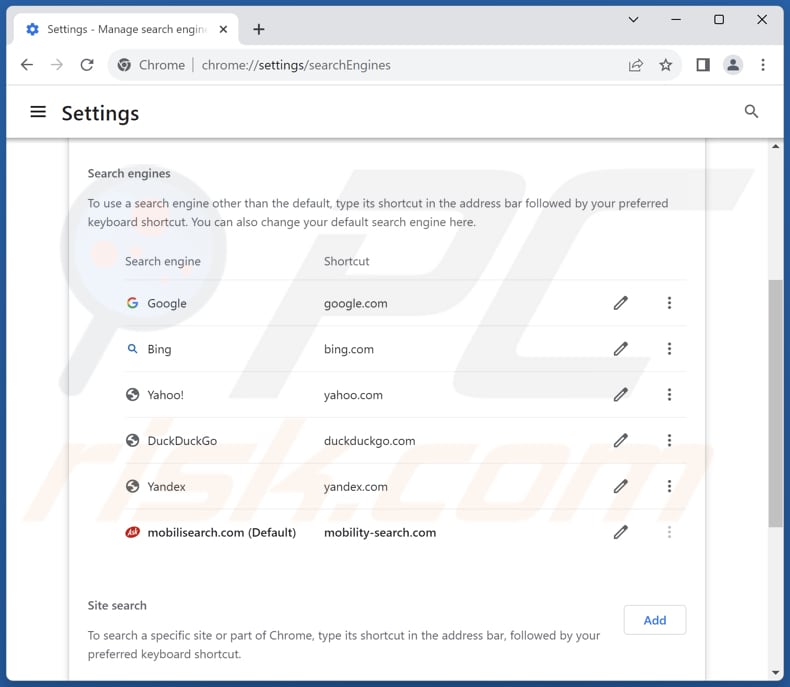 Eliminar mobilisearch.com del motor de búsqueda predeterminado de Google Chrome