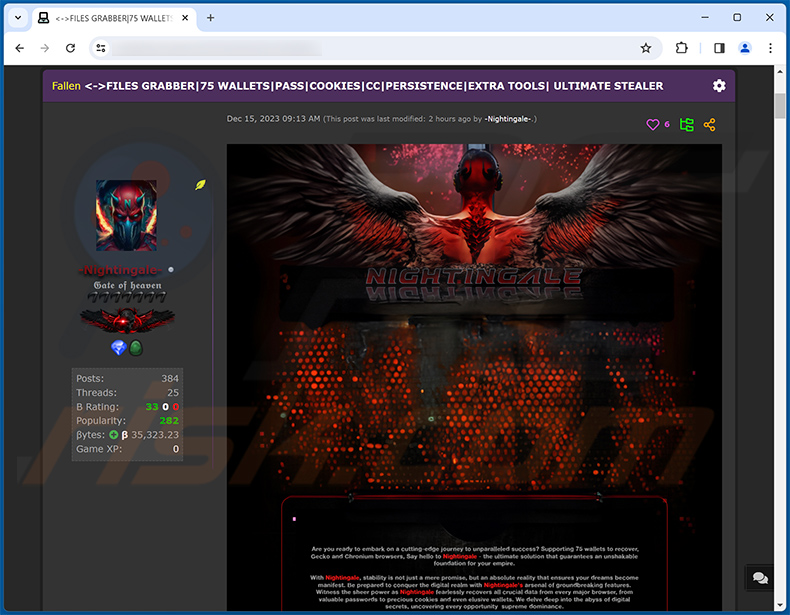 Nightingale stealer promocionado en el foro de hackers