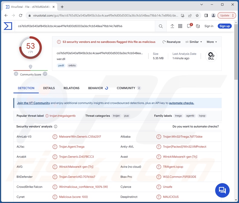 Detecciones del malware Ov3r_Stealer en VirusTotal