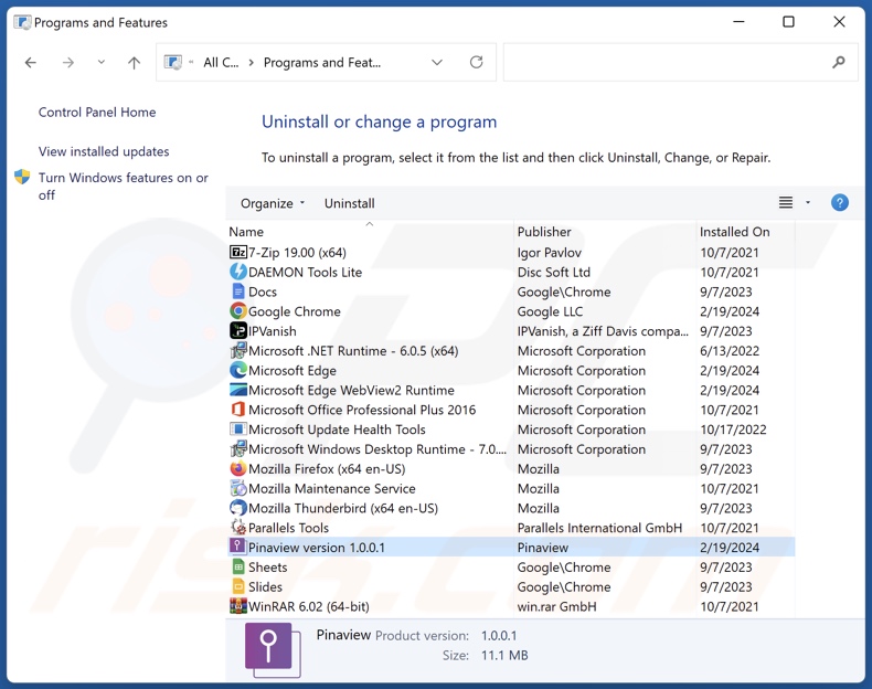 Desinstalación de Pinaview a través del Panel de Control