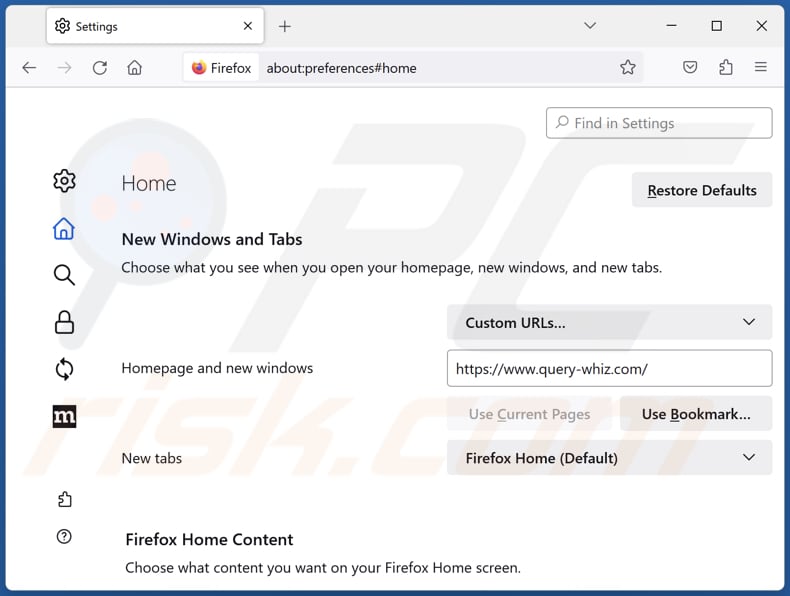 Eliminar query-whiz.com de la página de inicio de Mozilla Firefox