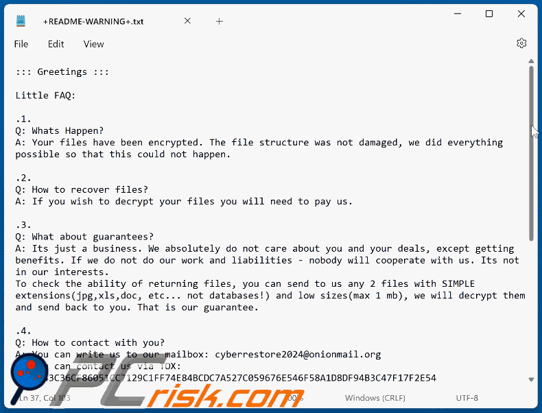 Archivo de texto del ransomware Rocklee (+README-WARNING+.txt)