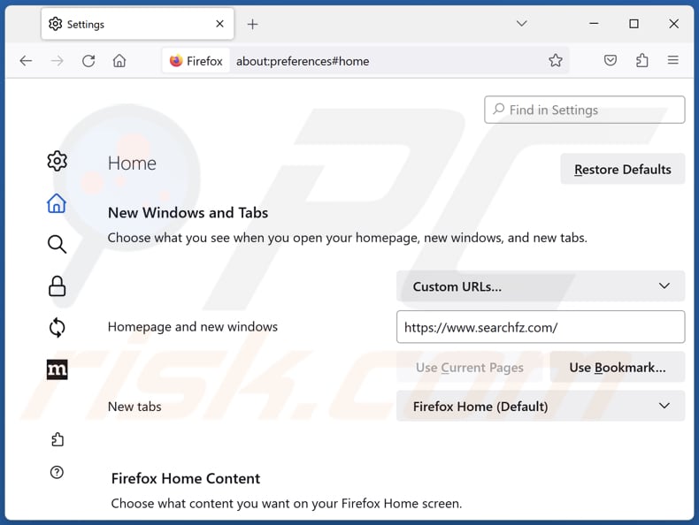 Eliminar searchfz.com de la página de inicio de Mozilla Firefox