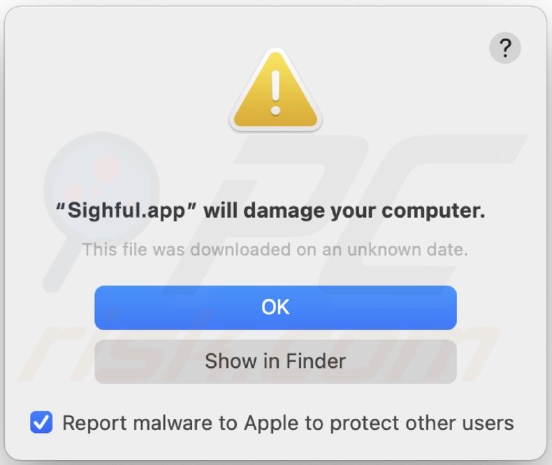 Ventana emergente que aparece cuando se detecta el adware Sighful.app en el sistema