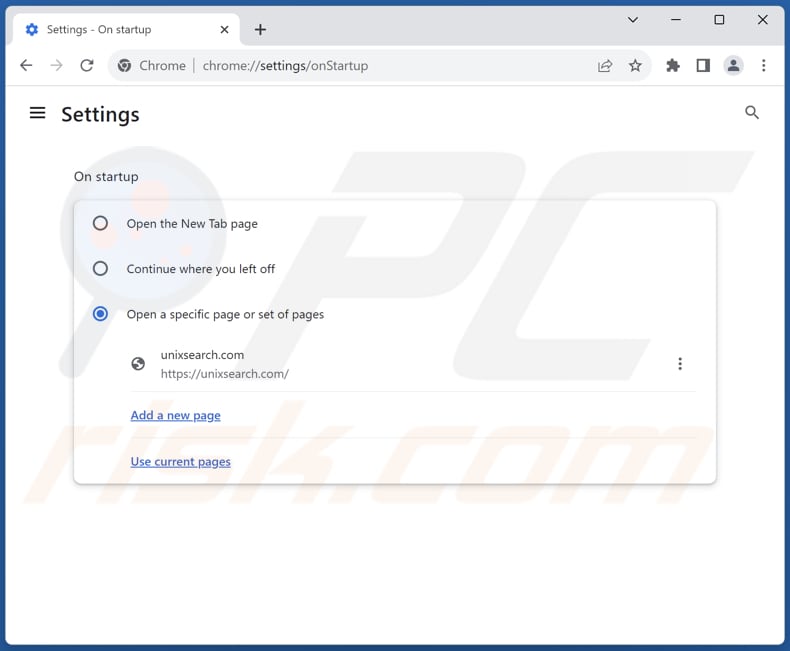 Eliminar unixsearch.com de la página de inicio de Google Chrome