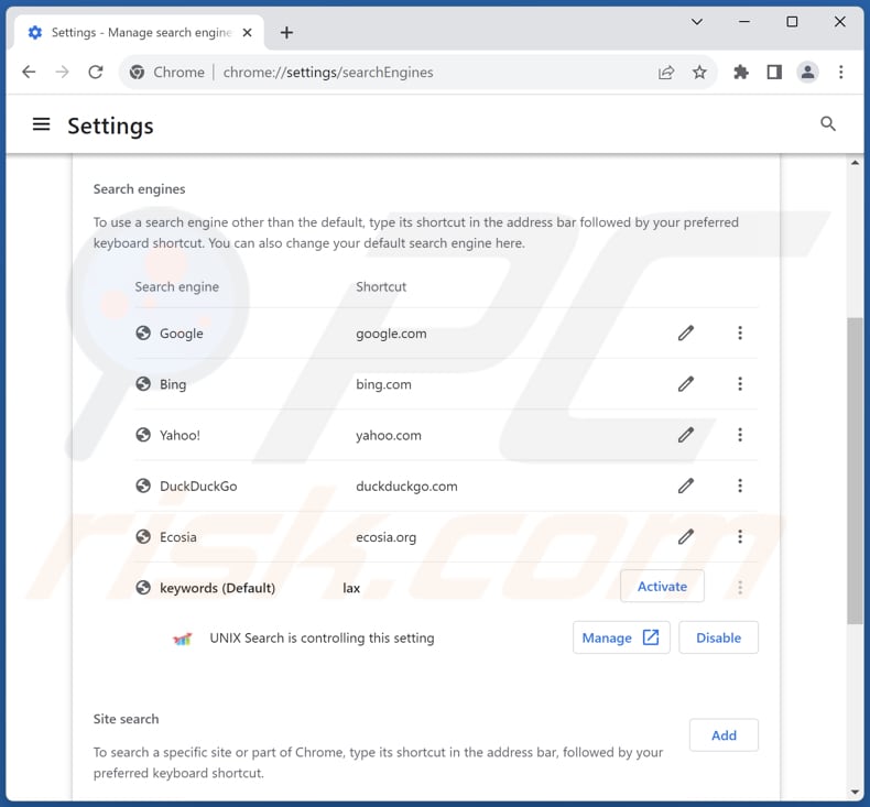 Eliminar unixsearch.com del motor de búsqueda predeterminado de Google Chrome