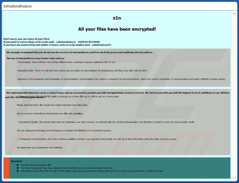 Nota de rescate del ransomware Z1n (ventana emergente)
