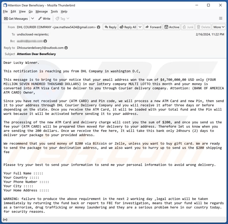 Campaña de spam por correo electrónico de la Lotería de DHL