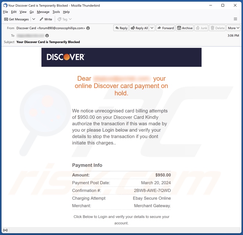 Campaña de spam por correo electrónico Discover Card Payment On Hold