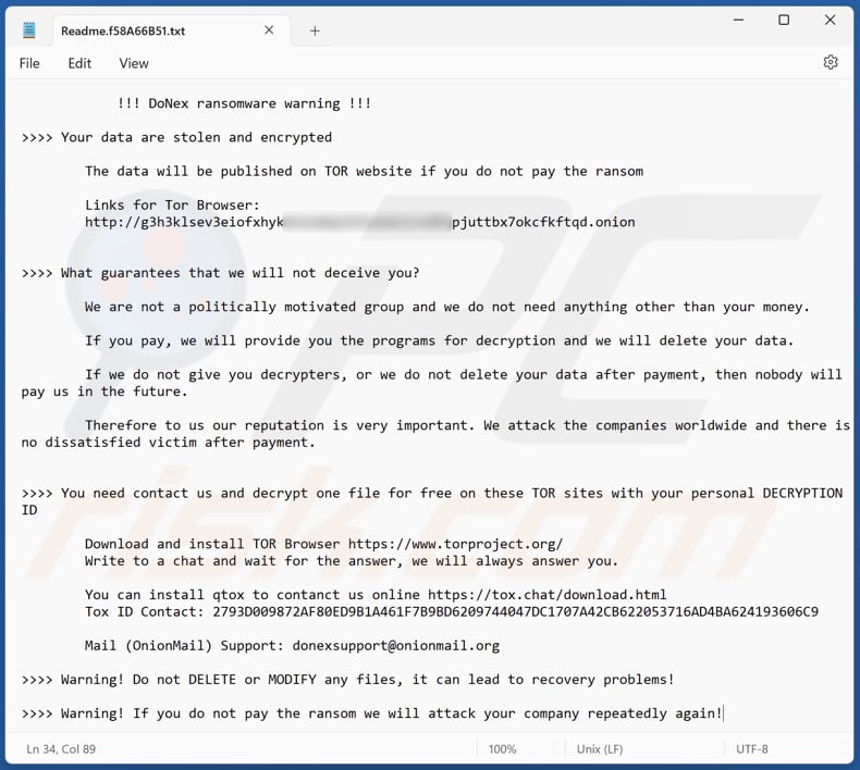 Archivo de texto del ransomware DoNex (Readme.[ID_de_la_víctima].txt)