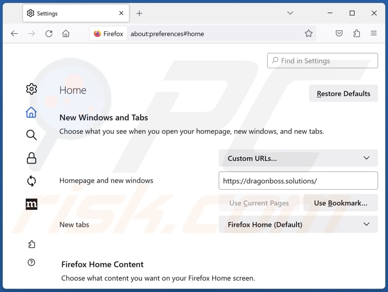 Eliminar dragonboss.solutions de la página de inicio de Mozilla Firefox