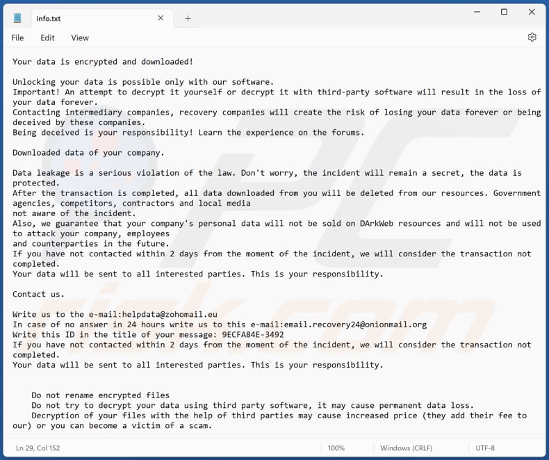 Archivo de texto del ransomware ELITTE87 (info.txt)