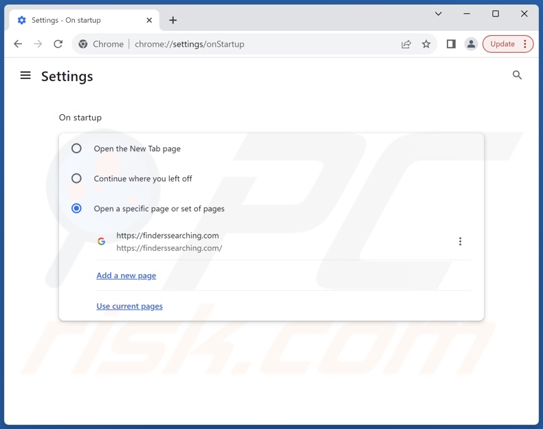 Eliminar finderssearching.com de la página de inicio de Google Chrome