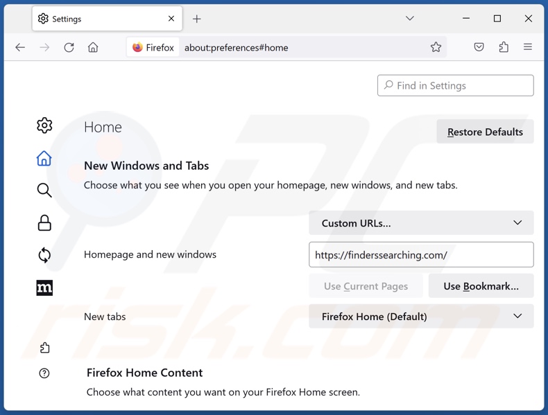 Eliminar finderssearching.com de la página de inicio de Mozilla Firefox