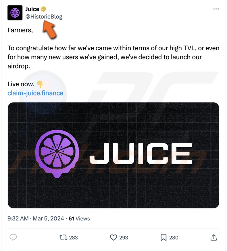La estafa Juice Finance's Airdrop promocionada en X (Twitter)