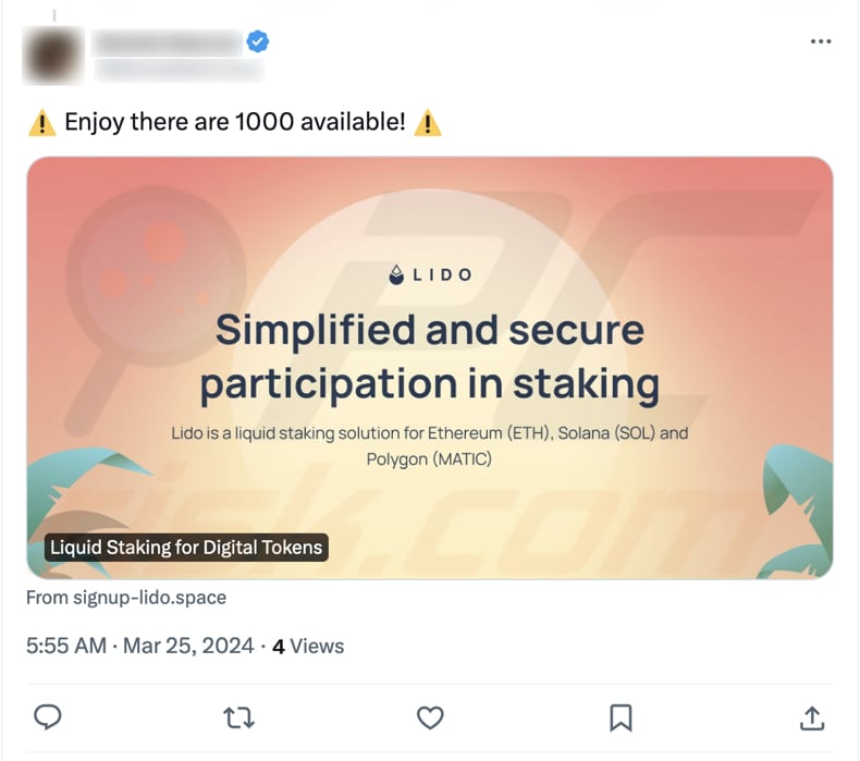 Publicación en X (Twitter) promocionando la estafa LIDO staking