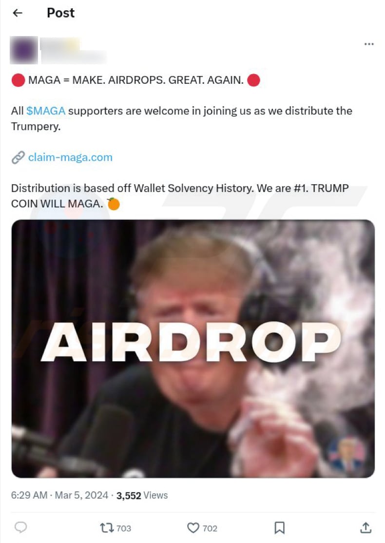 Publicación de X (Twitter) promocionando la estafa MAGA Airdrop