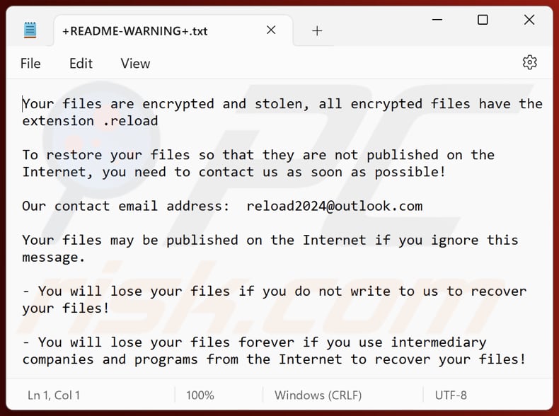 Archivo de texto del ransomware Reload (+README-WARNING+.txt)
