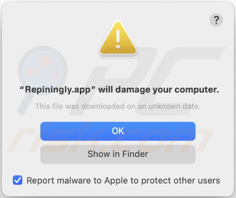 Ventana emergente de advertencia sobre el adware Repiningly.app