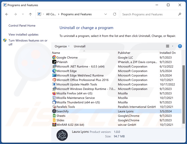 Desinstalación de Searchify a través del Panel de Control