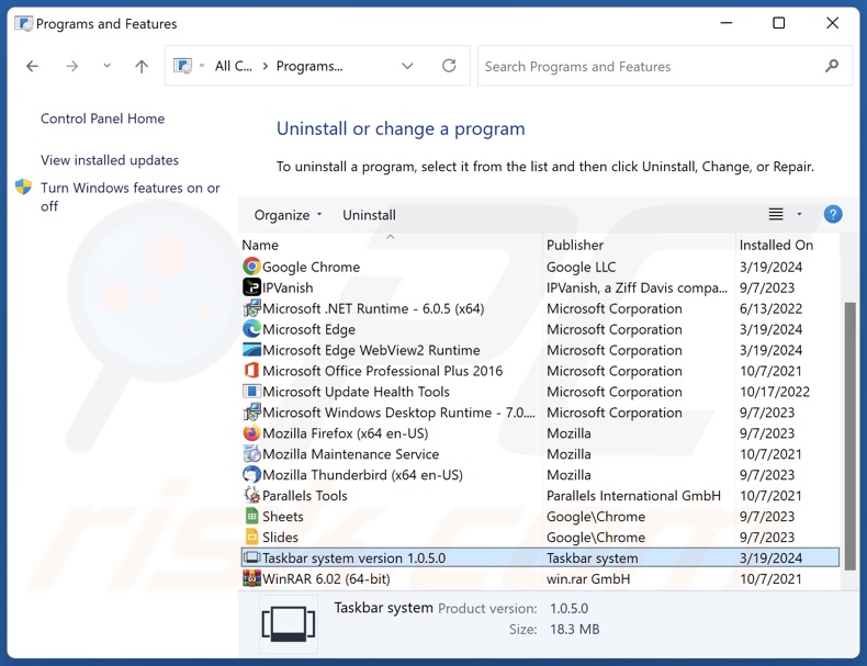 Desinstalación de Taskbar system mediante el Panel de control