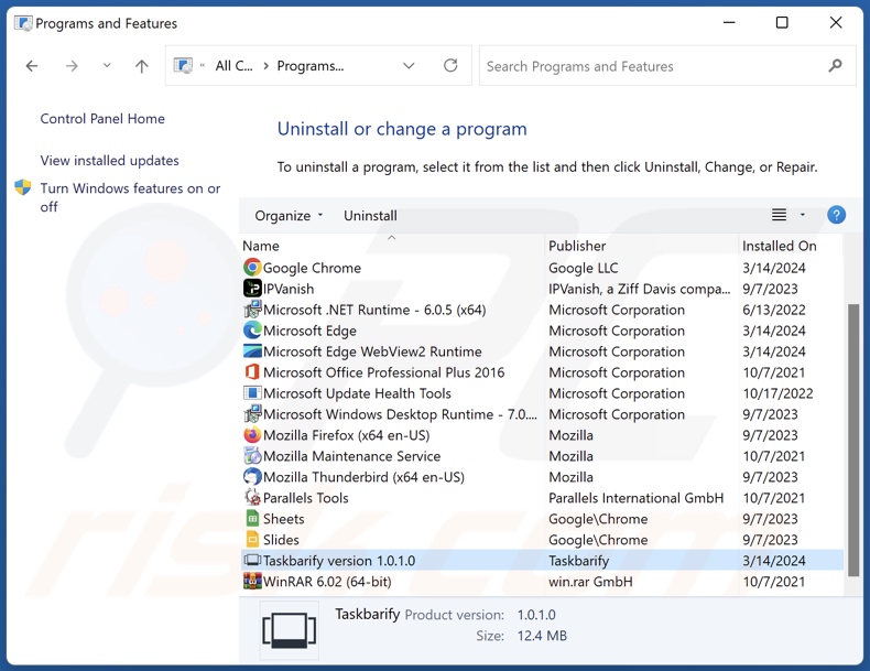 Desinstalación de Taskbarify a través del Panel de Control