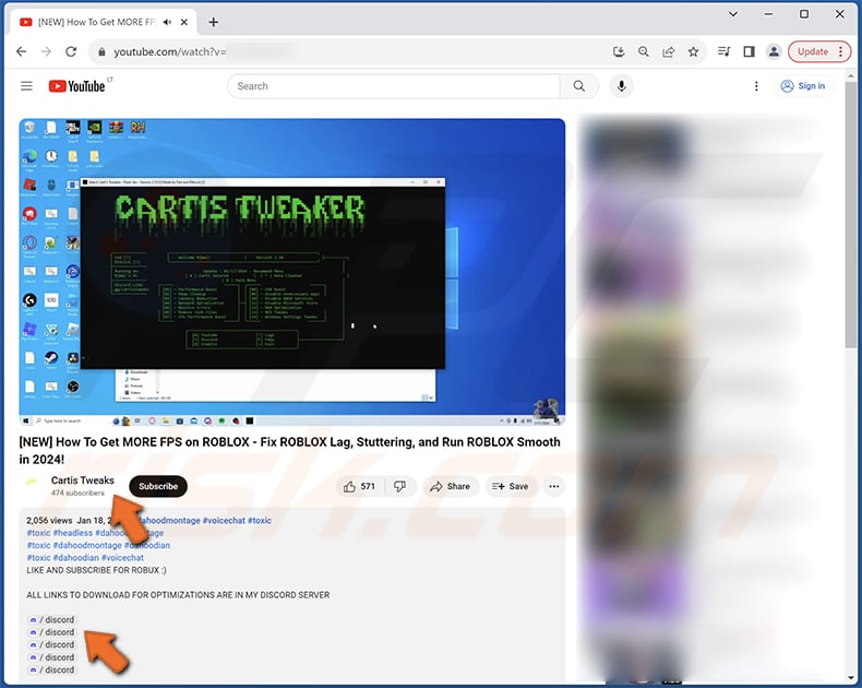 Descripción del vídeo de YouTube de Tweaks stealer promocionando el malware