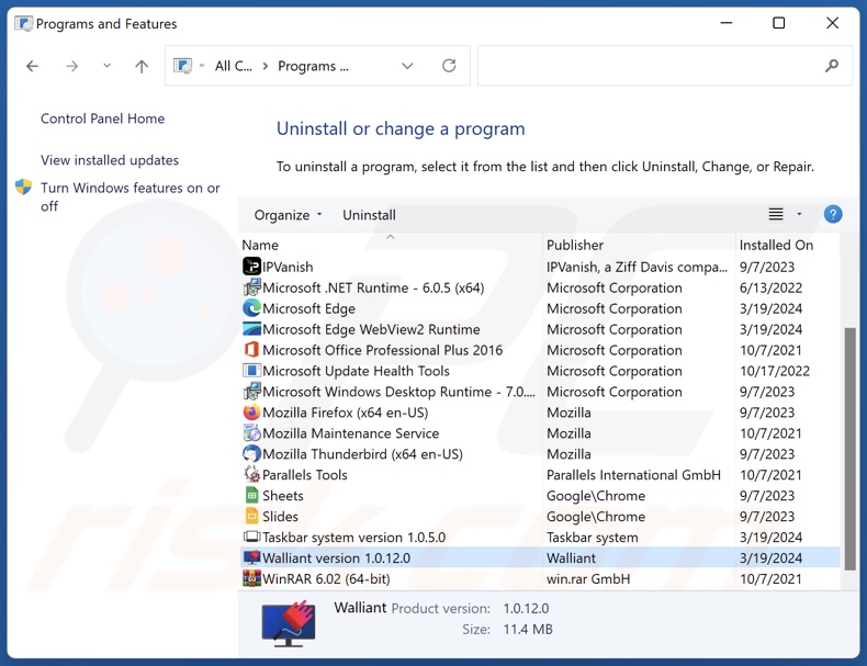 Desinstalación de Walliant a través del Panel de control