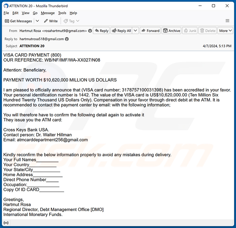 ATM Card estafa por correo electrónico (2024-04-08)