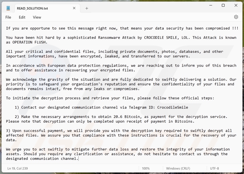 Nota de rescate del ransomware Crocodile Smile (READ_SOLUTION.txt)