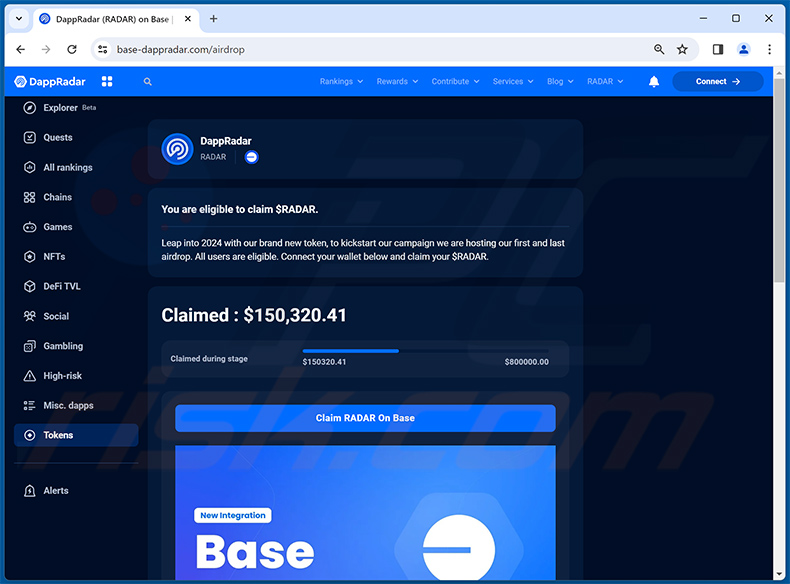 DappRadar Airdrops estafa drenaje sitio web (base-dappradar[.]com)