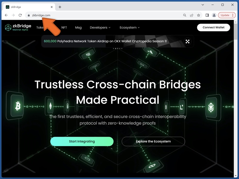 Aspecto del sitio web real de zkBridge (zkbridge.com)