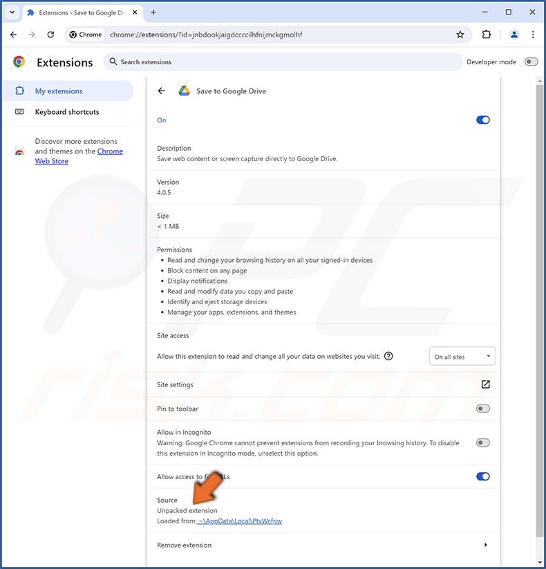 Detalles de la extensión de navegador Fake Save to Google Drive extension