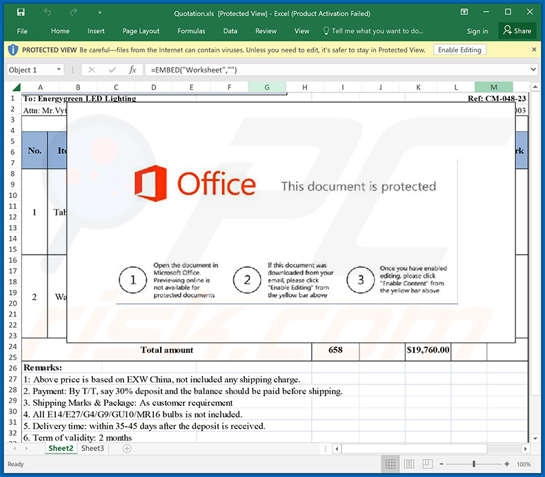 Documento malicioso de MS Excel distribuido a través de la estafa por correo electrónico Final Price (2024-04-08)