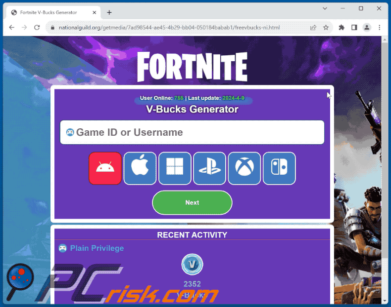 Aparición de Fortnite V-Bucks Generador de estafa (GIF)
