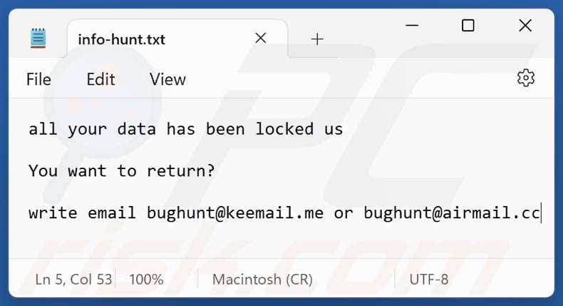 Hunt ransomware archivo de texto (info-hunt.txt)