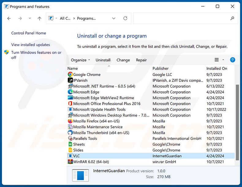 Desinstalación de InternetGuardian a través del Panel de control