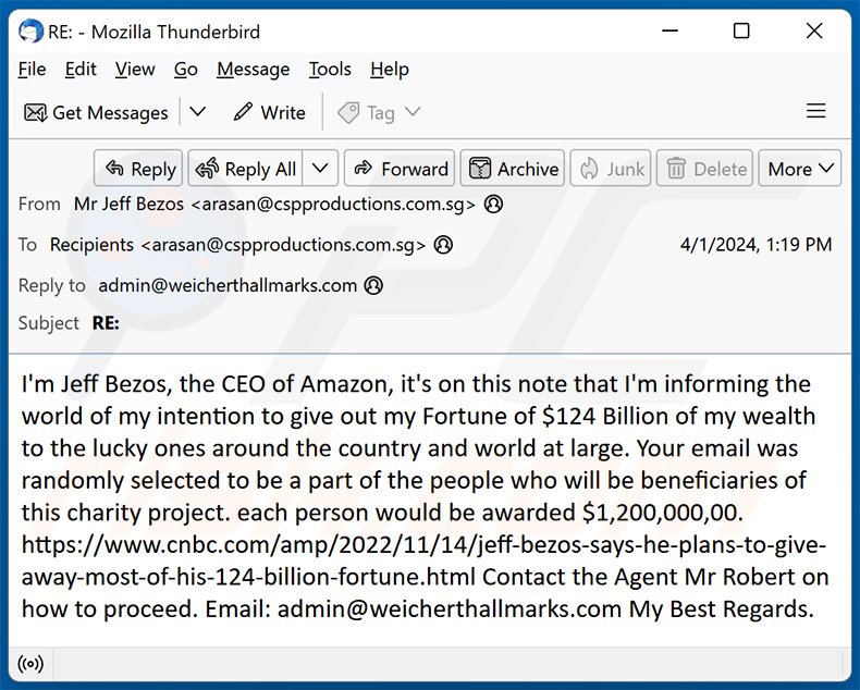 Jeff Bezos Charity Project estafa por correo electrónico (2024-04-05)