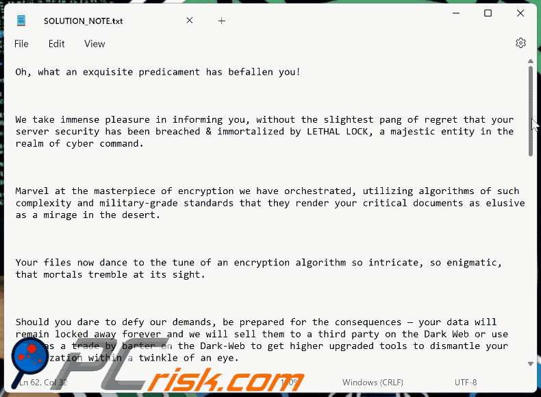 Lethal Lock ransomware archivo de texto (SOLUTION_NOTE.txt)