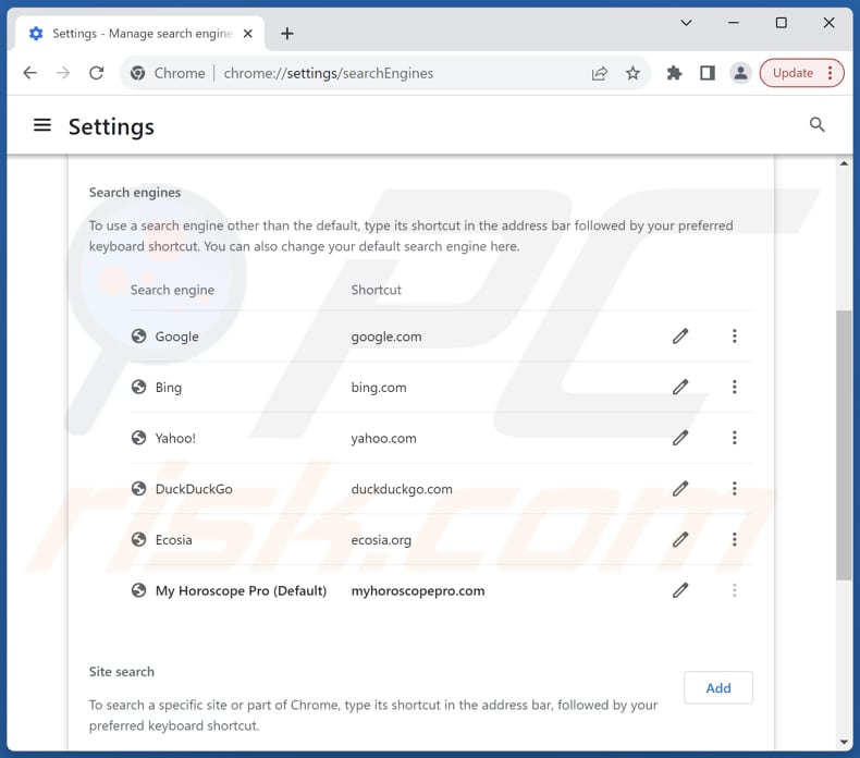 Eliminación de myhoroscopepro.com del motor de búsqueda predeterminado de Google Chrome