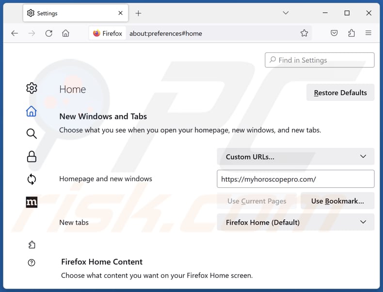 Eliminar myhoroscopepro.com de la página de inicio de Mozilla Firefox