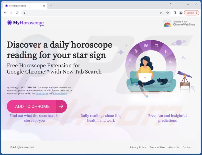 Sitio web utilizado para promocionar el secuestrador de navegadores My Horoscope Pro