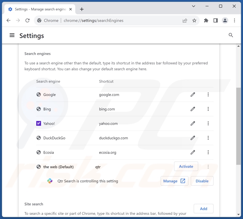 Removing qtrserach.com from Google Chrome default search engine