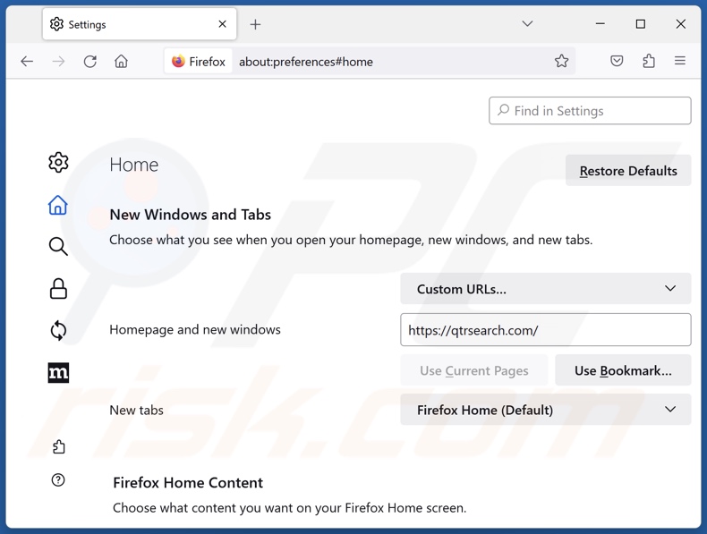 Removing qtrserach.com from Mozilla Firefox homepage