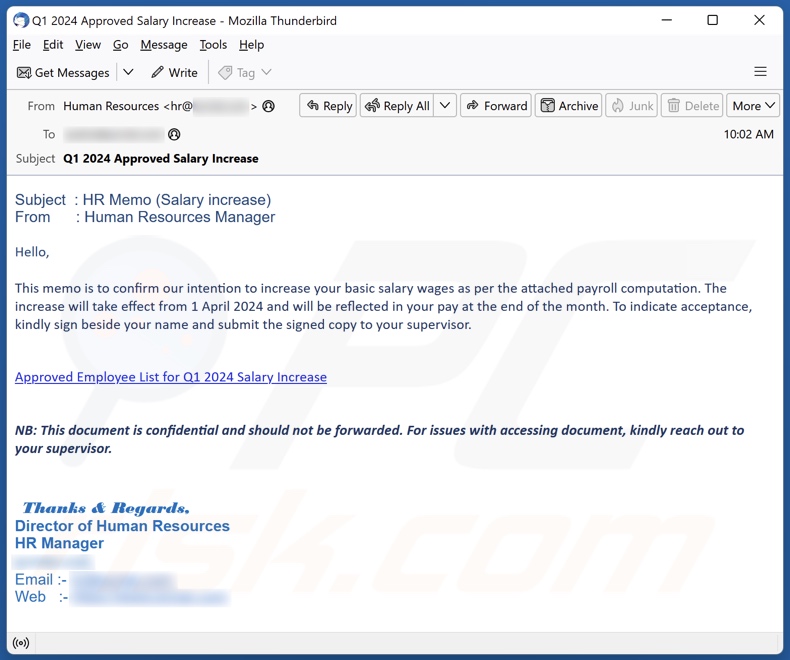 Salary Increase campaña de spam por correo electrónico
