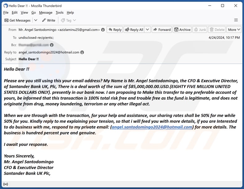 Santander Bank Deal campaña de spam por correo electrónico